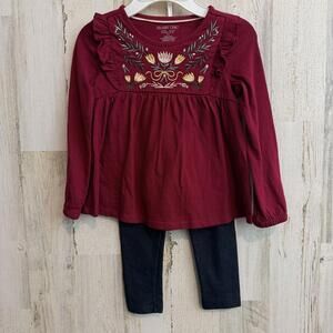 Shabby Chic Girls' XS (4) Burgundy Embroidered Long Sleeve Top Navy Leggings Set
